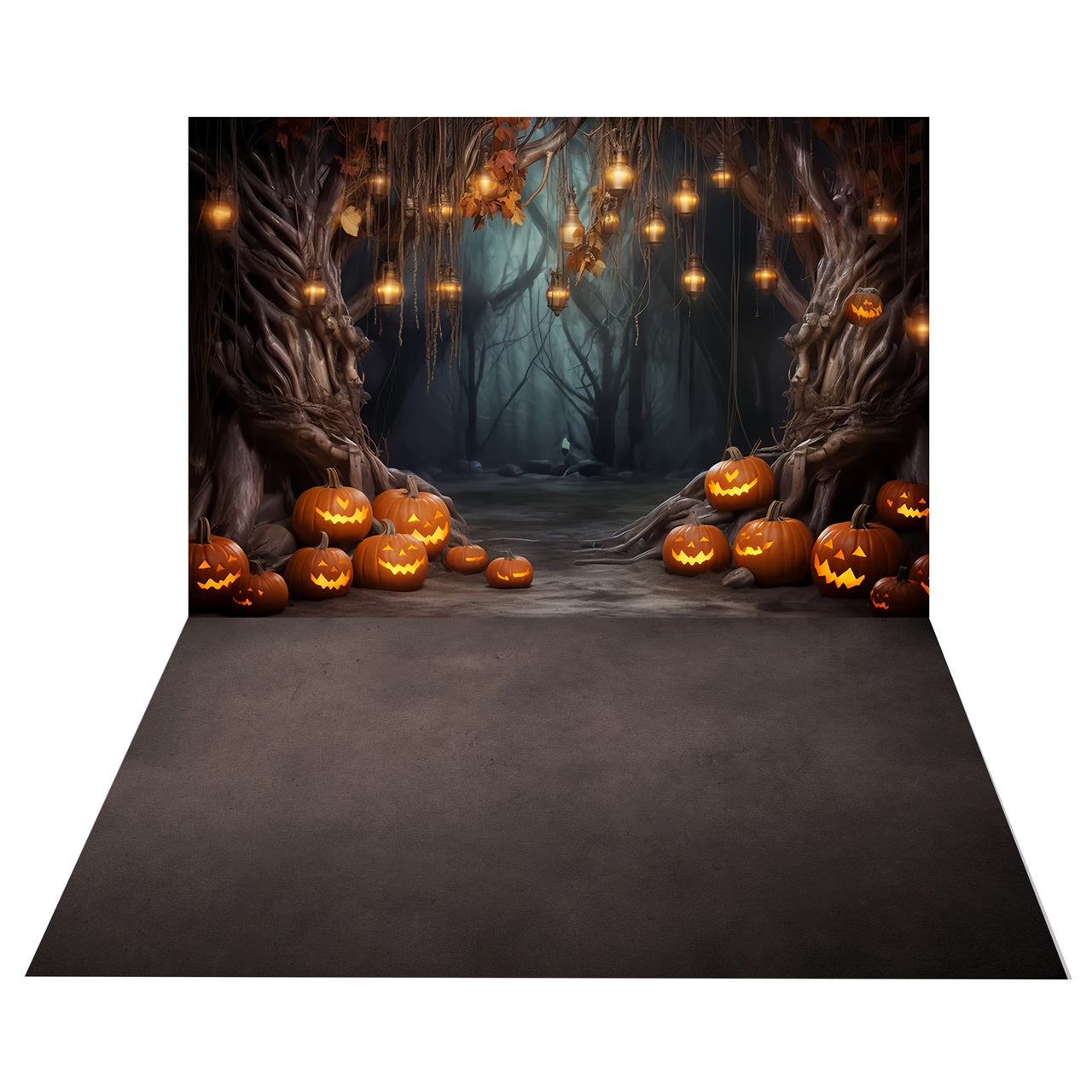 Toile de Fond Forêt d'Halloween avec Lanternes en Citrouilles + Sol Sombre BRP8-387