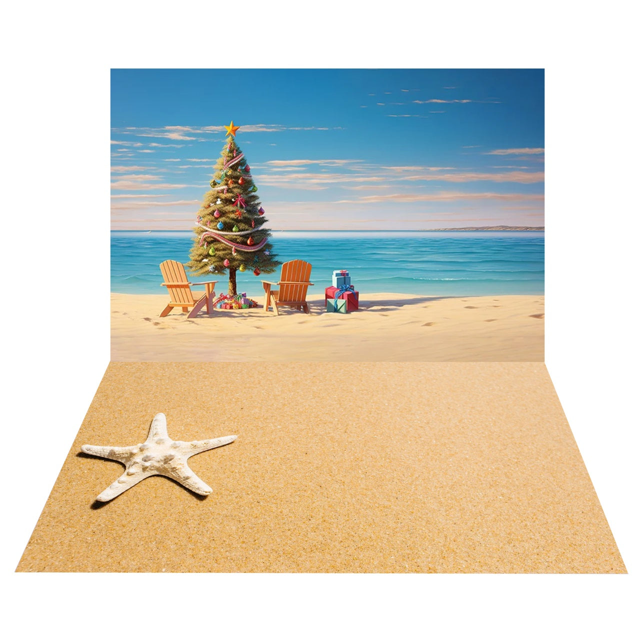 Toile de Fond Sapin de Noël en Bord de Mer + Sol de Sable avec Étoiles de Mer BRP8-389