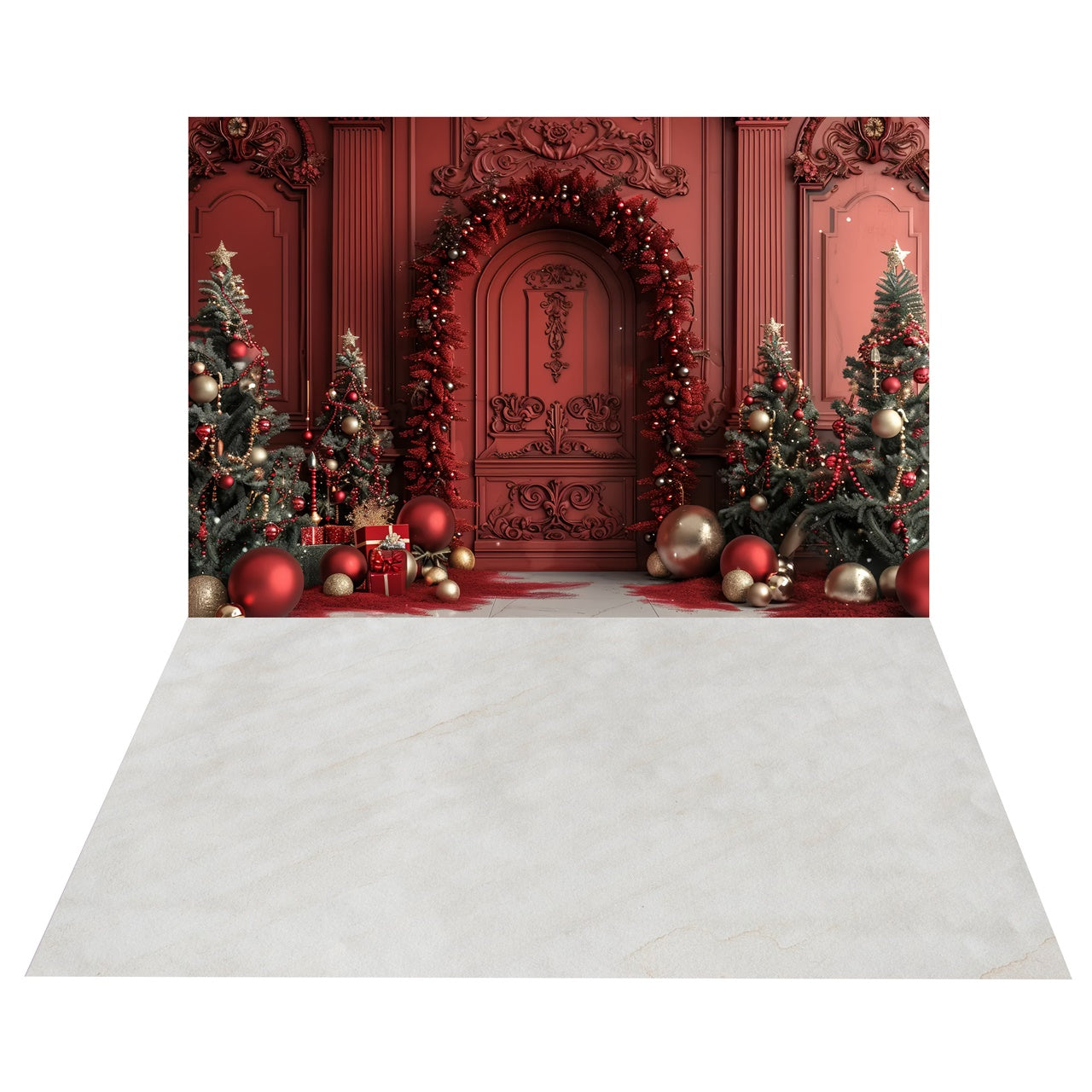 Toile de Fond Noël avec Arches Rouges et Sapins + Sol en Marbre BRP8-392