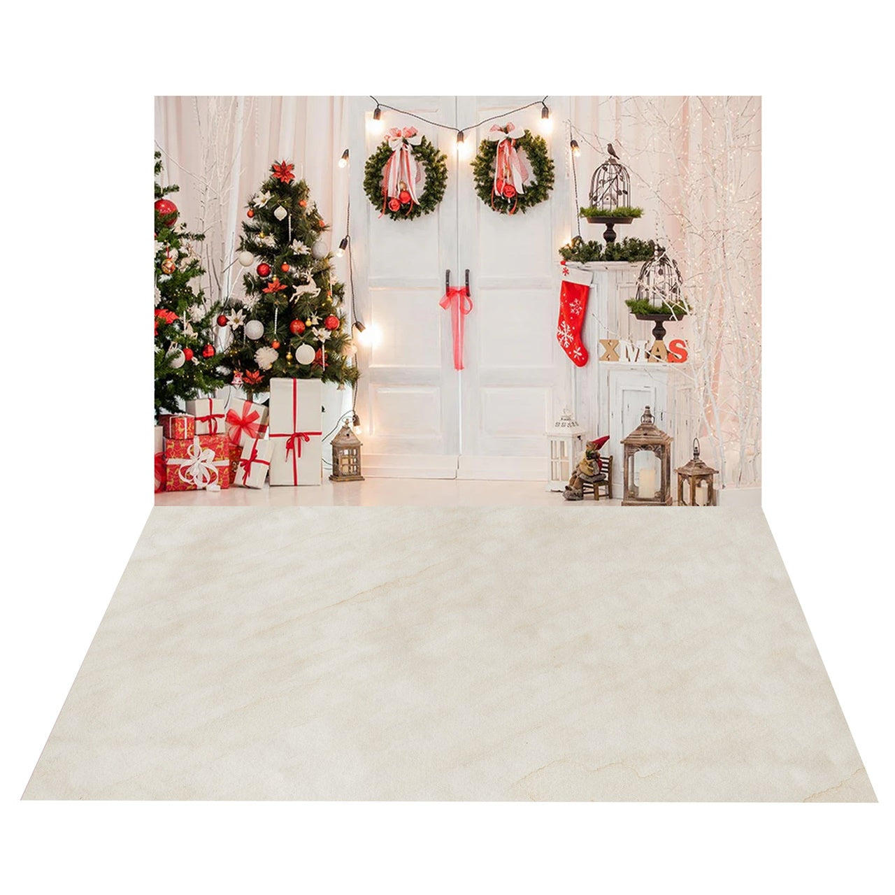 Toile de Fond Porte avec Couronnes et Bas de Noël + Sol Blanc BRP8-396