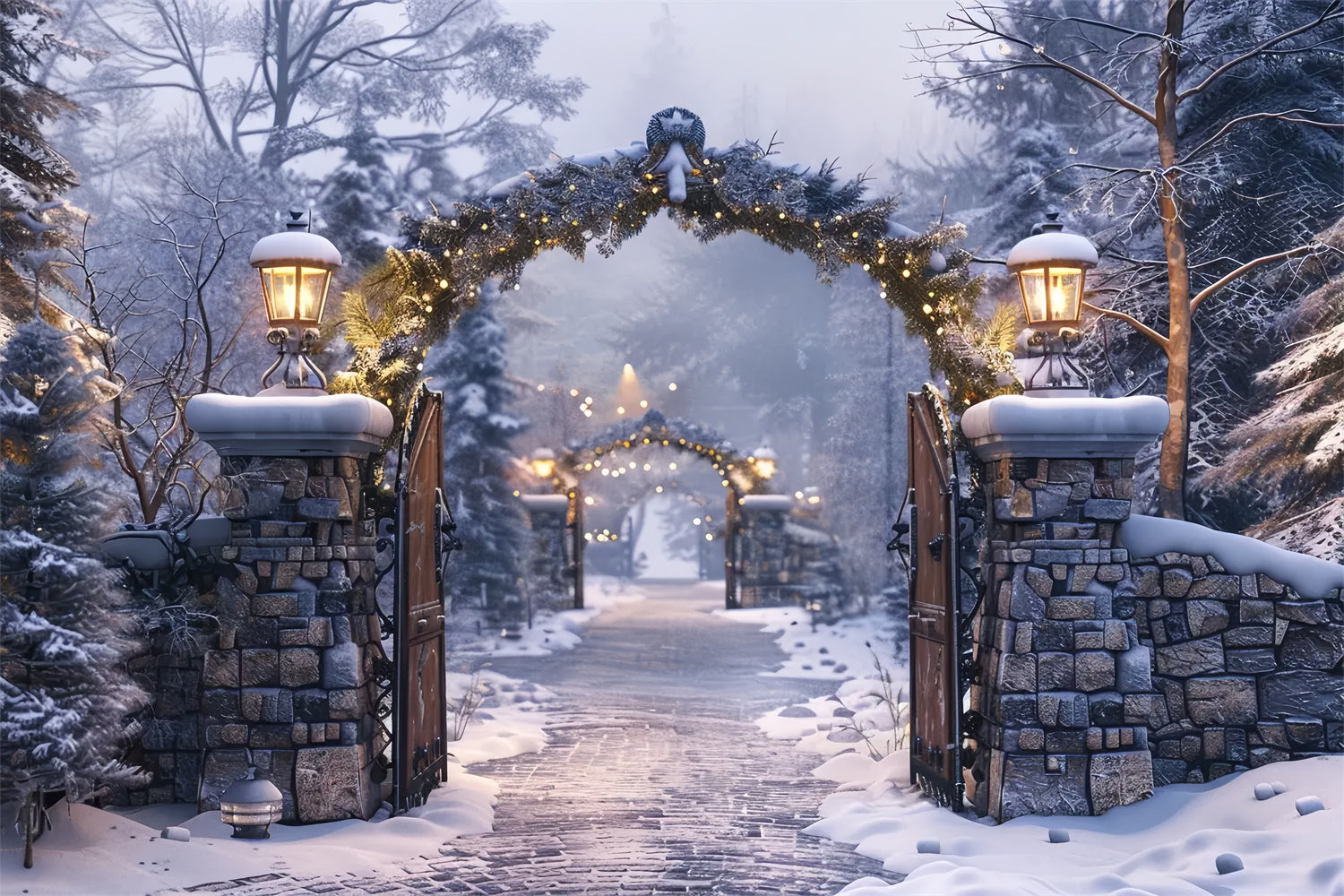 Toile de Fond Chemin sous Arche en Pierre lors d'une Nuit Hivernale de Noël BRP8-62