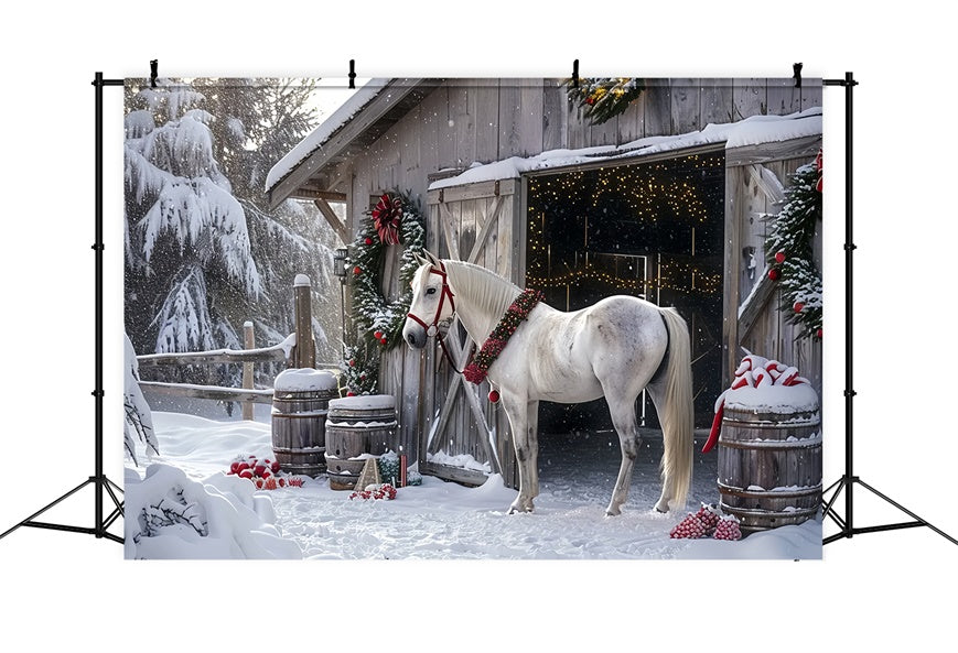 Toile de Fond Cour de Ferme avec Cheval Festif de Noël BRP8-65