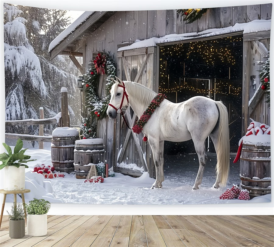 Toile de Fond Cour de Ferme avec Cheval Festif de Noël BRP8-65