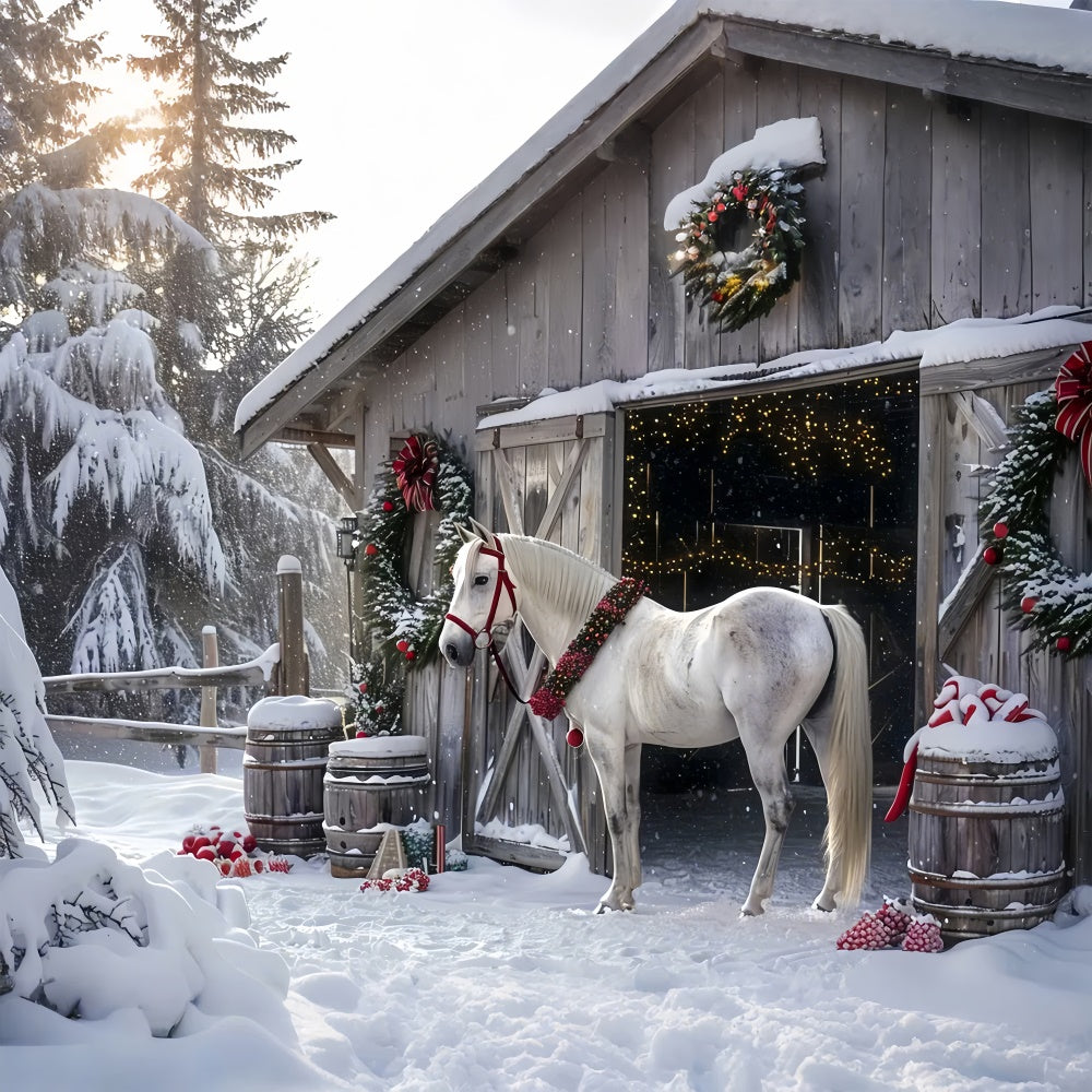 Toile de Fond Cour de Ferme avec Cheval Festif de Noël BRP8-65