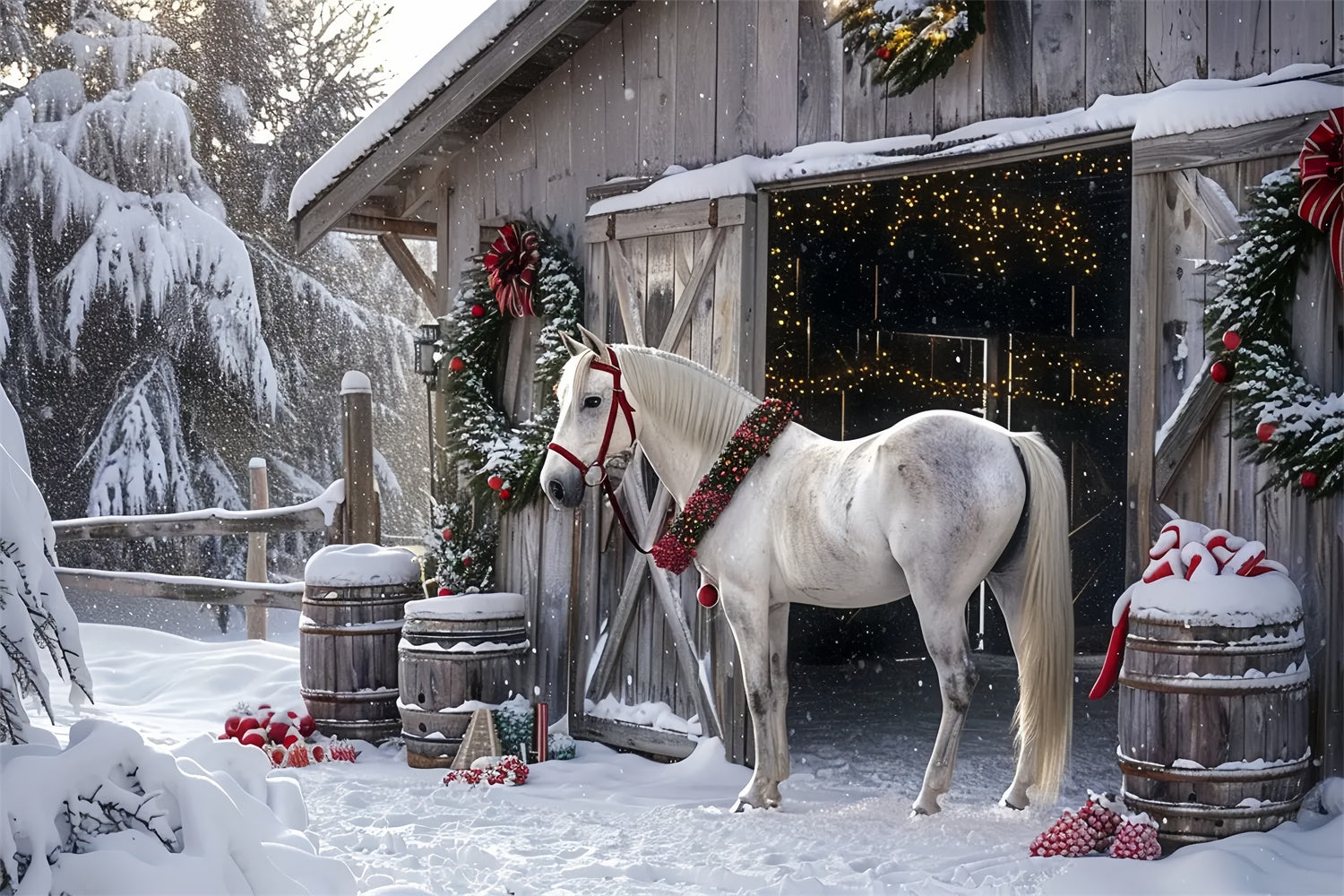 Toile de Fond Cour de Ferme avec Cheval Festif de Noël BRP8-65