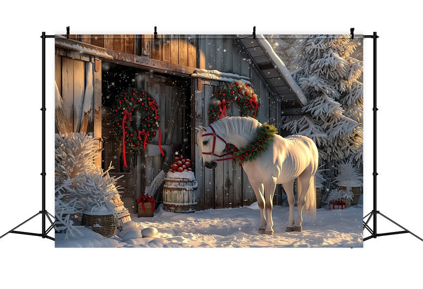 Toile de Fond Cheval dans une Cour de Ferme Enneigée de Noël BRP8-66