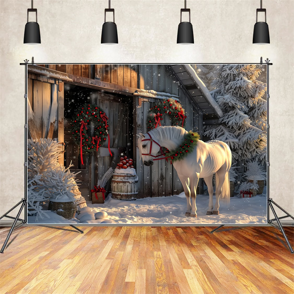 Toile de Fond Cheval dans une Cour de Ferme Enneigée de Noël BRP8-66