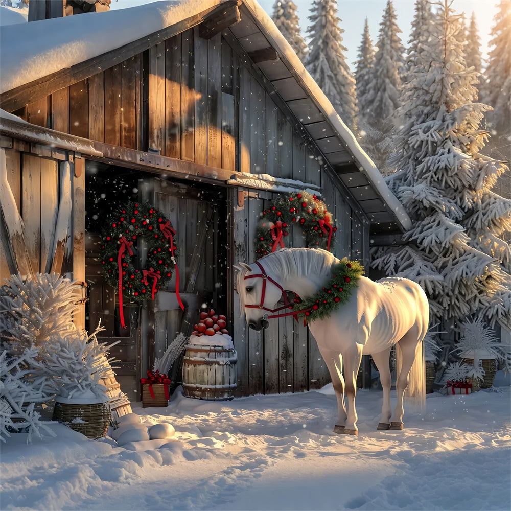 Toile de Fond Cheval dans une Cour de Ferme Enneigée de Noël BRP8-66