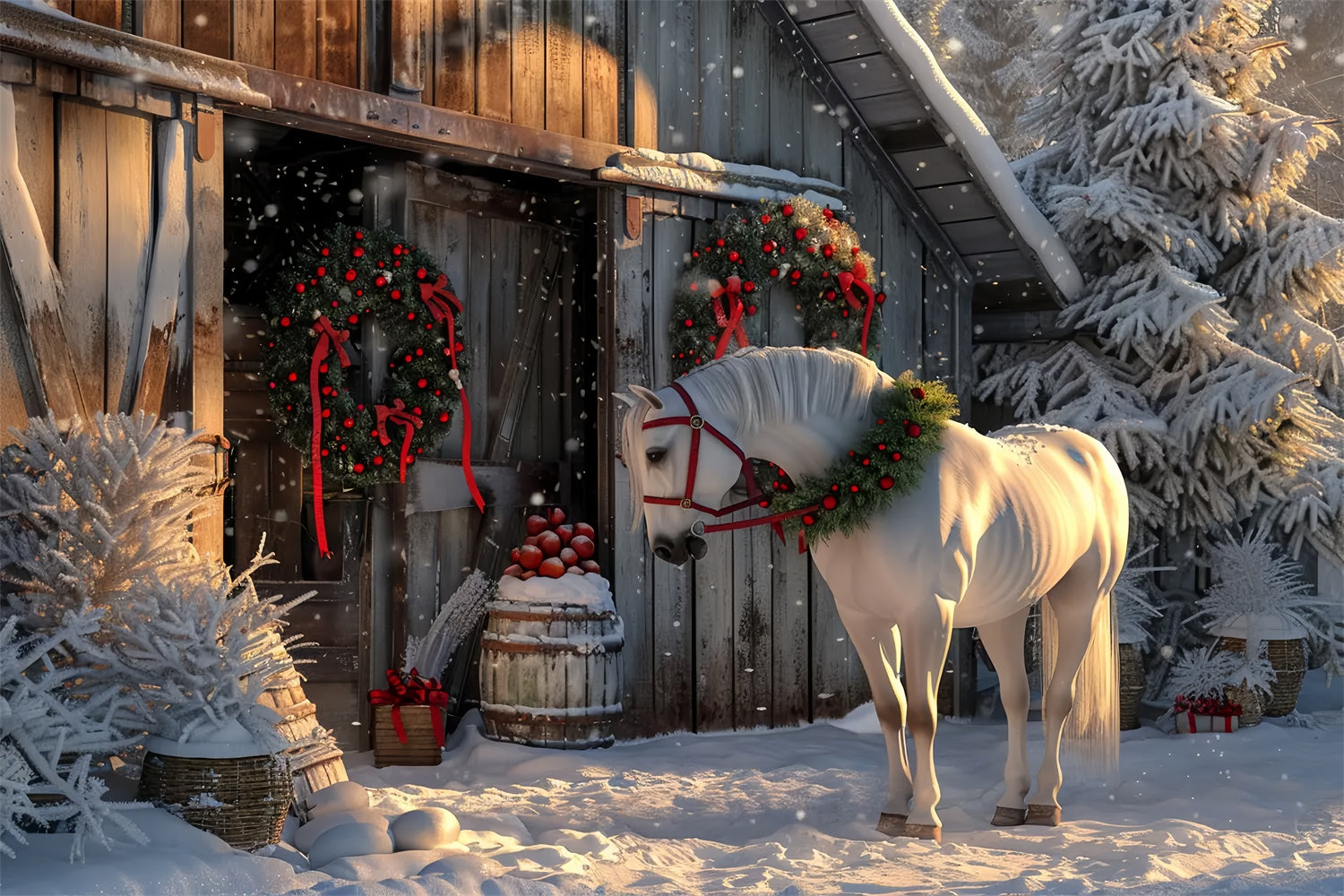 Toile de Fond Cheval dans une Cour de Ferme Enneigée de Noël BRP8-66