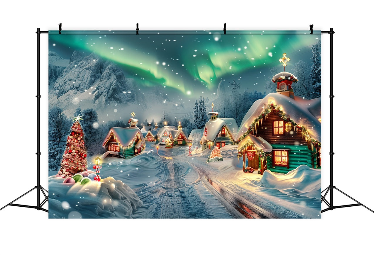 Toile de fond Chalets enneigés de Noël avec aurores boréales BRP9-100