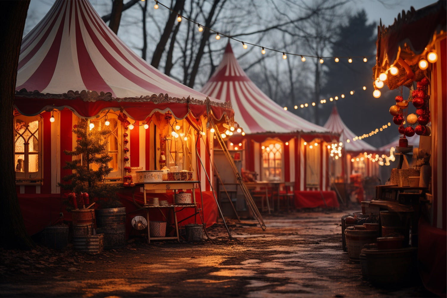 Toile de fond Tentes de carnaval de Noël avec guirlandes lumineuses BRP9-104