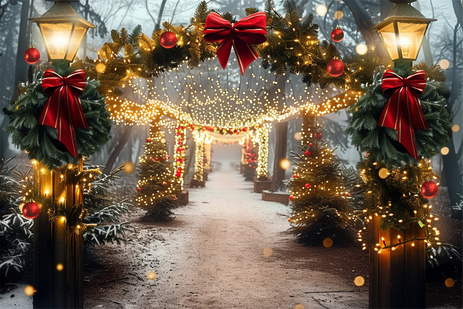 Toile de fond Allée de Noël avec couronne et nœud rouge lumineux BRP9-105