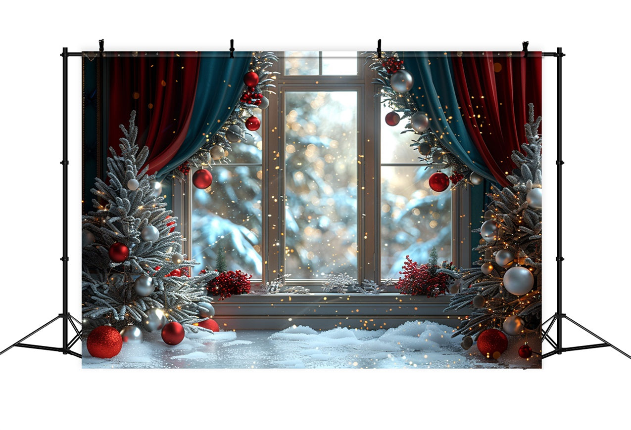 Toile de fond Fenêtre enneigée de Noël avec ornements scintillants BRP9-107