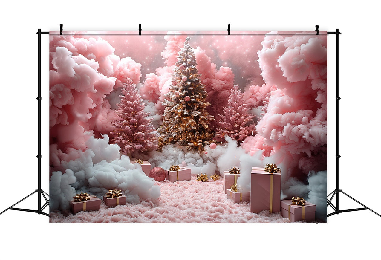 Toile de fond Nuages roses et cadeaux sous le sapin de Noël BRP9-110