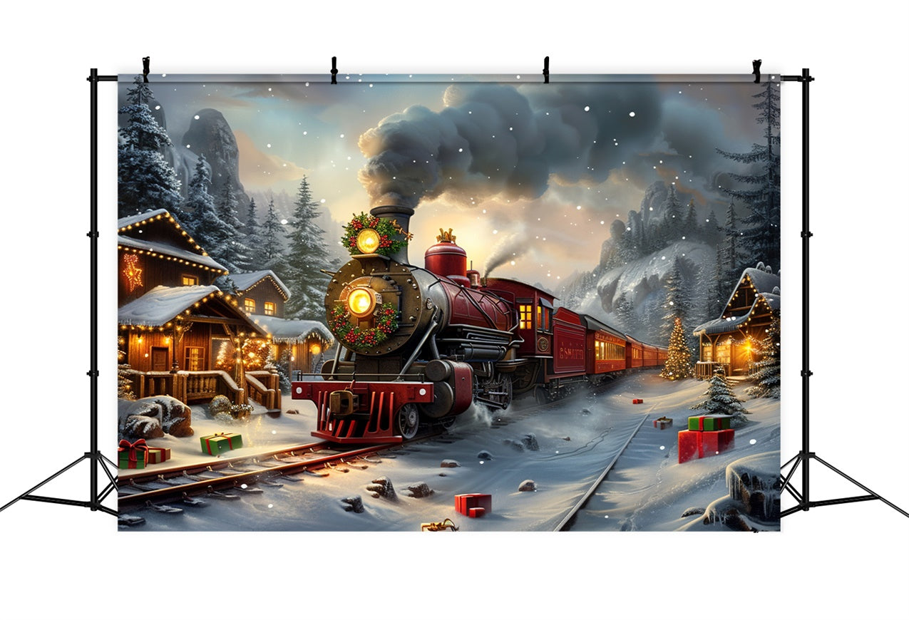 Toile de fond Train express vintage traversant le village enneigé de Noël BRP9-111