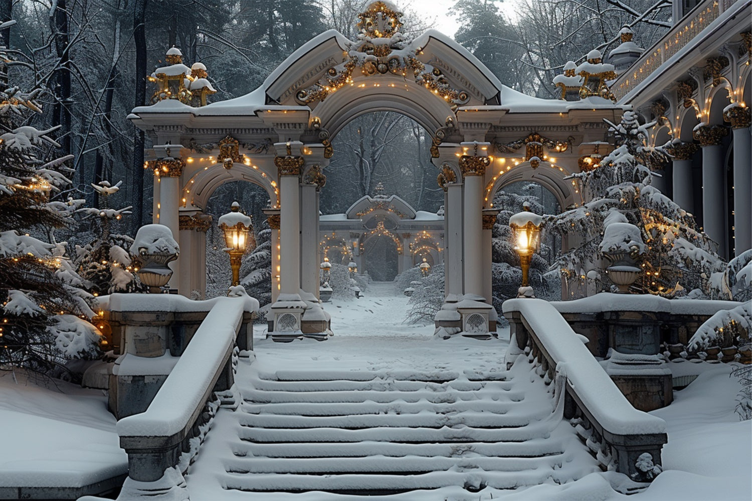 Toile de fond Arches du pays des merveilles hivernal avec lumières de Noël BRP9-113