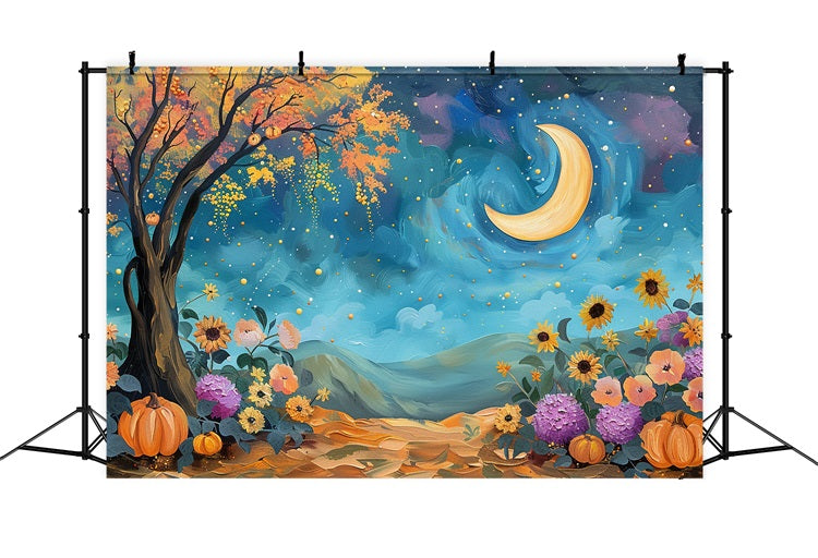 Toile de Fond Ciel Nocturne Mystique Lune Fleurs d'Automne BRP9-130