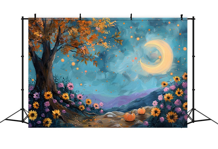 Toile de Fond Arbre d'Automne Éclairé par la Lune Ciel Étoilé Fleurs BRP9-131