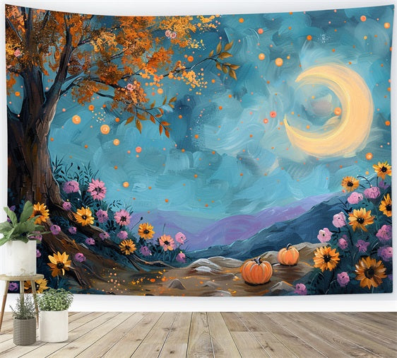 Toile de Fond Arbre d'Automne Éclairé par la Lune Ciel Étoilé Fleurs BRP9-131