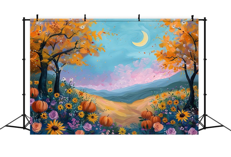 Toile de Fond Champ d'Automne Éclairé par la Lune Citrouilles Fleurs BRP9-133