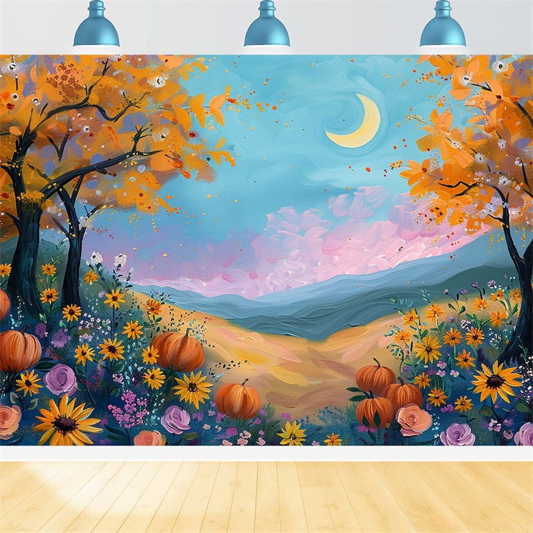 Toile de Fond Champ d'Automne Éclairé par la Lune Citrouilles Fleurs BRP9-133