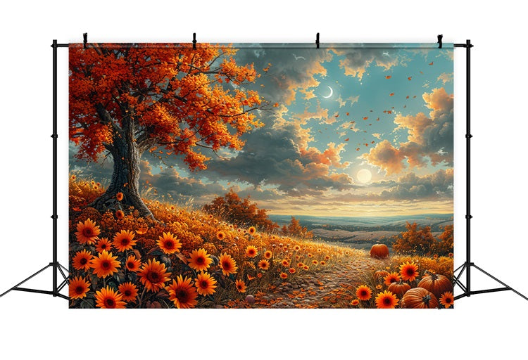 Toile de Fond Pente Ensoleillée Fleurs d'Automne Lune Croissante BRP9-134