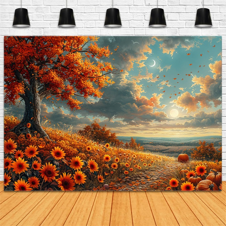 Toile de Fond Pente Ensoleillée Fleurs d'Automne Lune Croissante BRP9-134