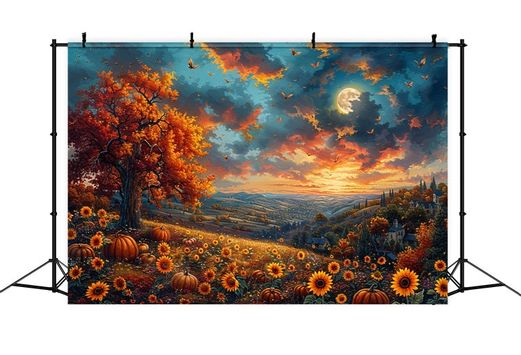 Toile de Fond Arbre d'Automne Tournesols Ciel Lumineux BRP9-135