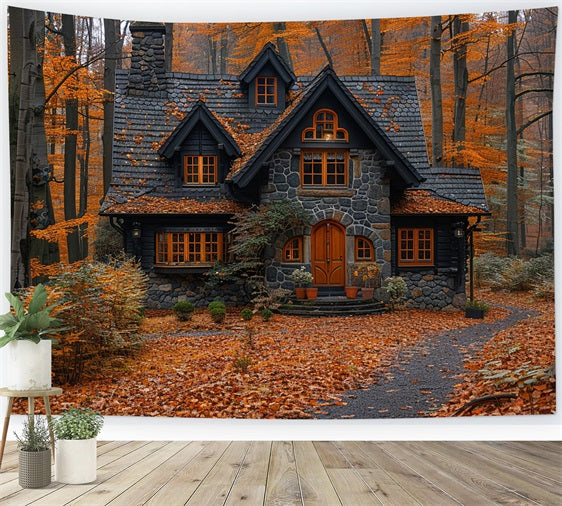 Toile de Fond Feuilles d'Automne Couvant Cottage Forestier Charmant BRP9-143