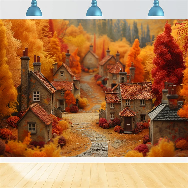 Toile de Fond Village d'Automne de Conte Arbres Orange Chaleureux BRP9-149