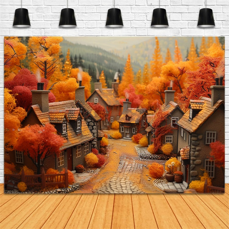 Toile de Fond Village de Rêve d'Automne Arbres Orange Rouge BRP9-150