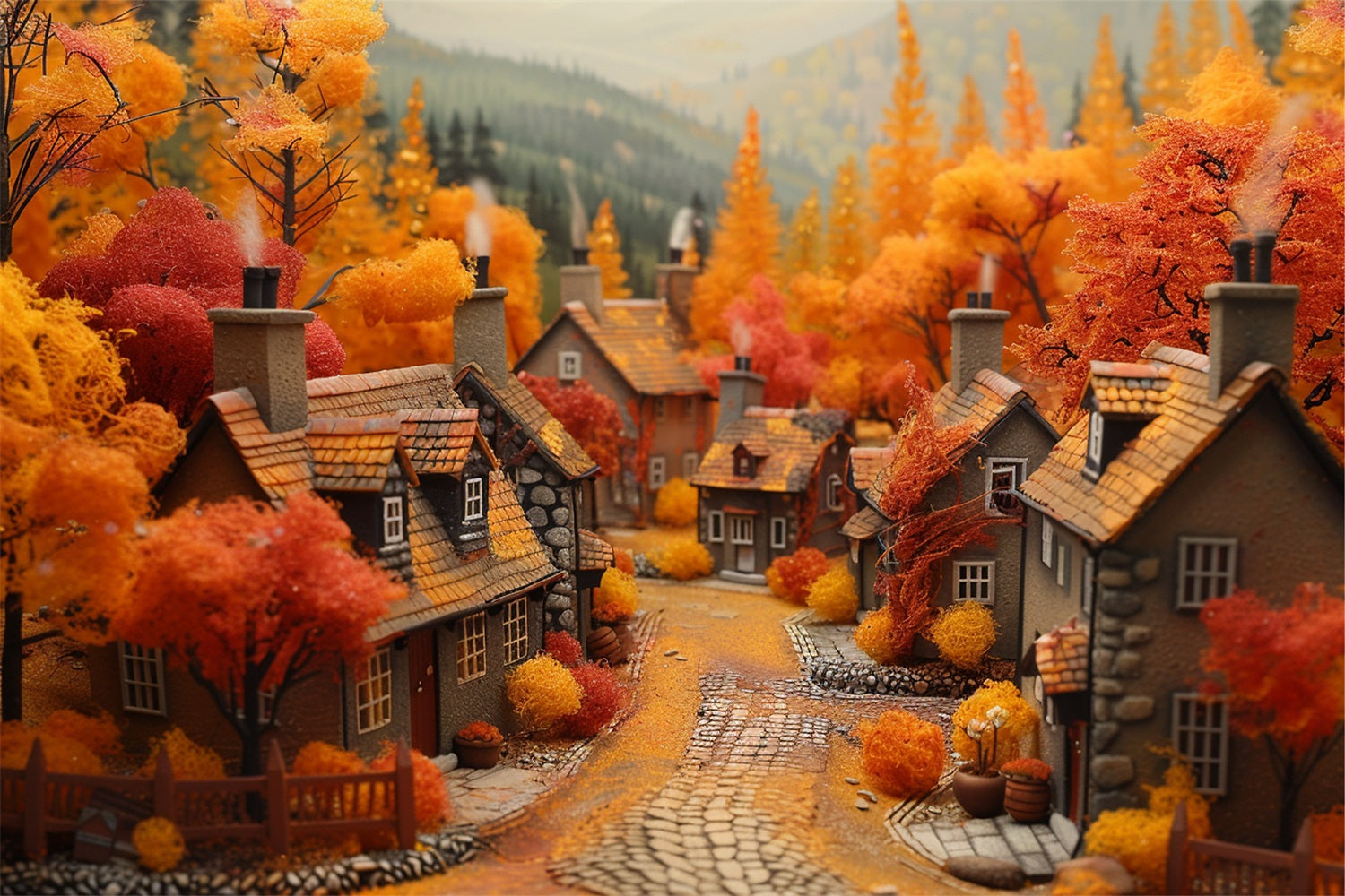 Toile de Fond Village de Rêve d'Automne Arbres Orange Rouge BRP9-150