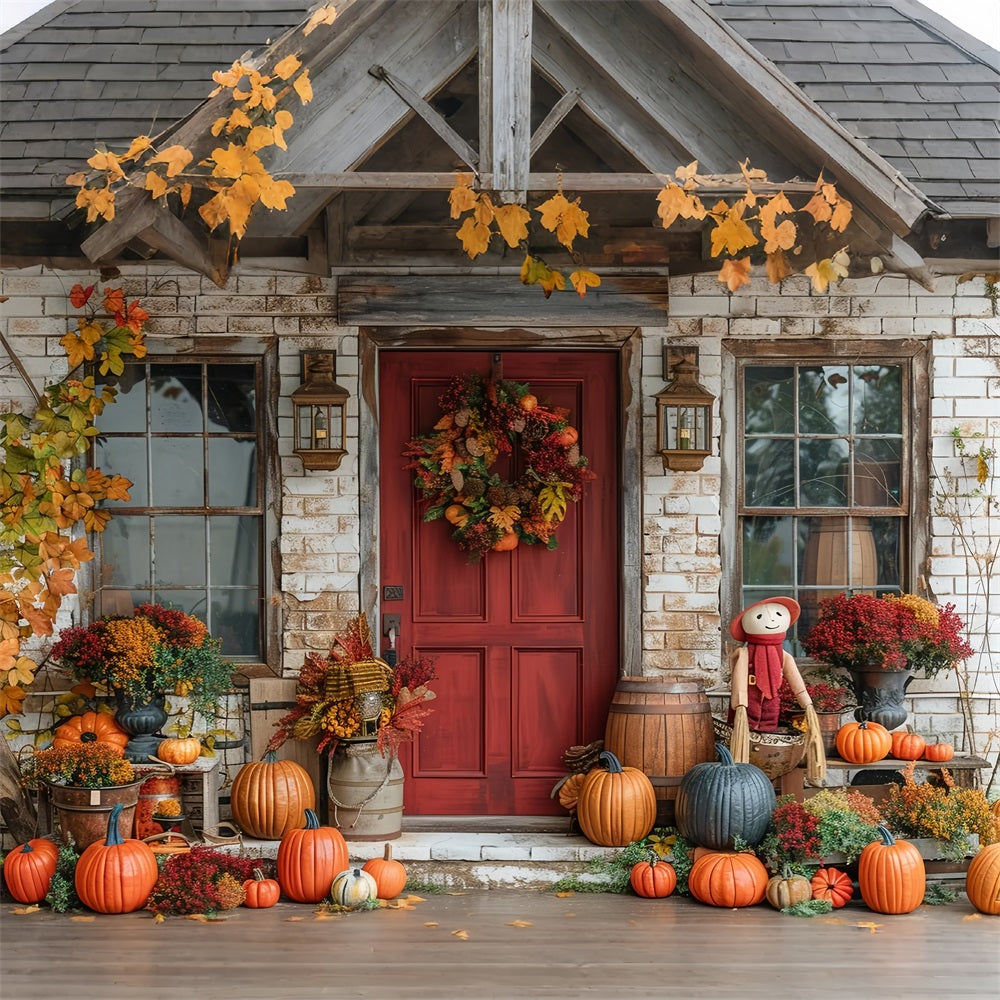 Toile de Fond Véranda d'Automne Porte Rouge Citrouilles Décor BRP9-172