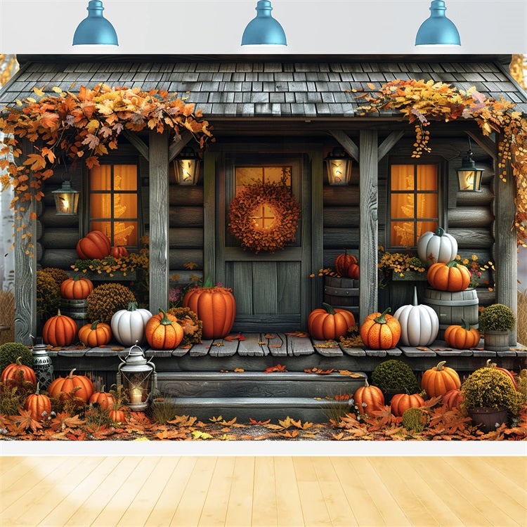 Toile de Fond Cabane d'Automne Citrouilles Feuilles d'Automne BRP9-174