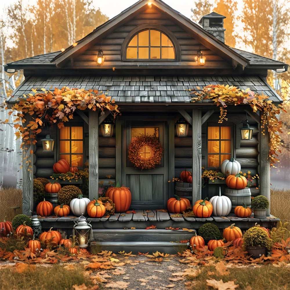 Toile de Fond Cabane d'Automne Citrouilles Feuilles d'Automne BRP9-174