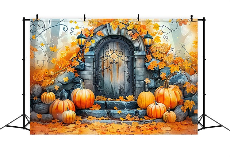 Toile de Fond Porte en Pierre Charmante Citrouilles Feuilles d'Automne BRP9-175