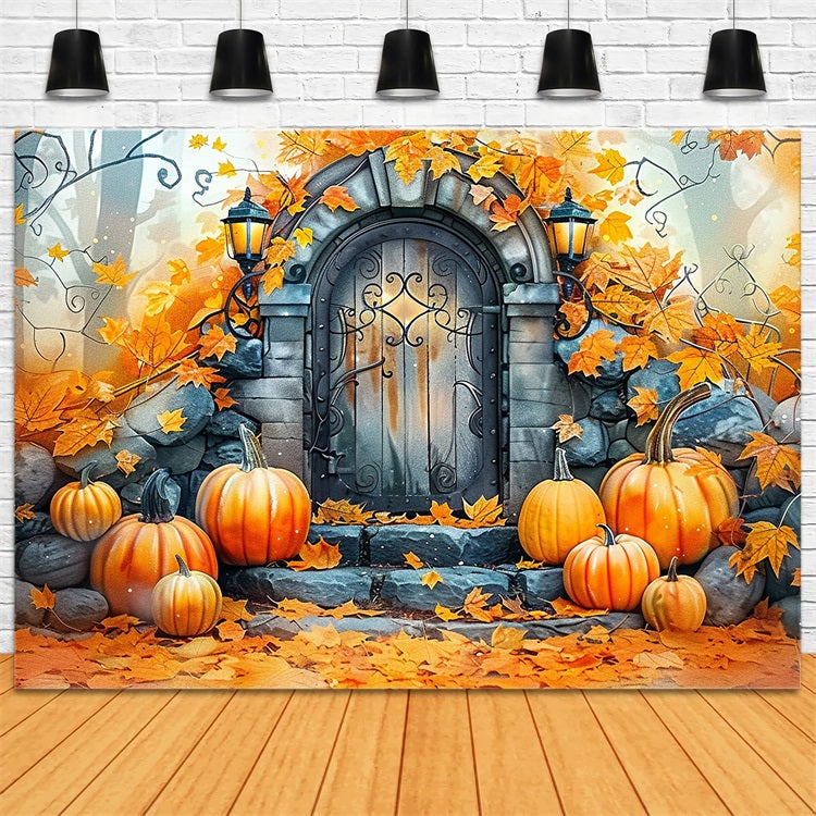 Toile de Fond Porte en Pierre Charmante Citrouilles Feuilles d'Automne BRP9-175