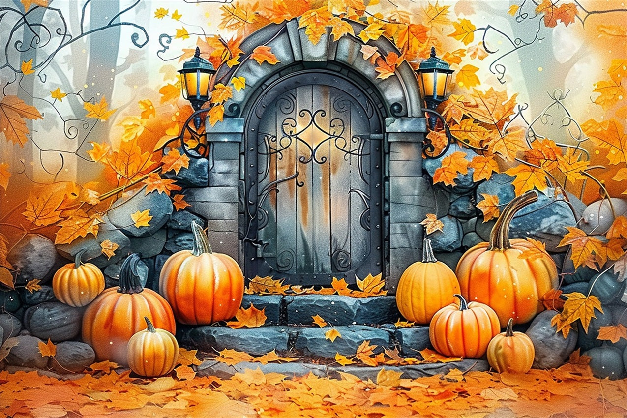 Toile de Fond Porte en Pierre Charmante Citrouilles Feuilles d'Automne BRP9-175