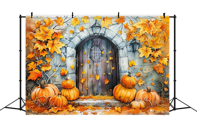 Toile de Fond Porte en Pierre Citrouilles Feuilles Dorées d'Automne BRP9-176