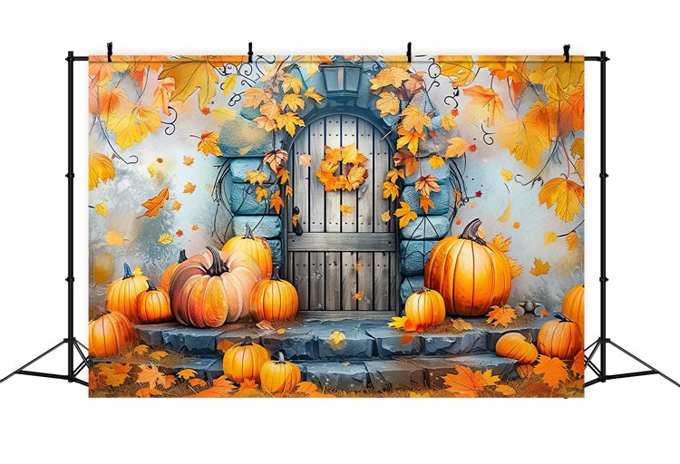 Toile de Fond Décor de Porte en Pierre Citrouilles Feuilles BRP9-177