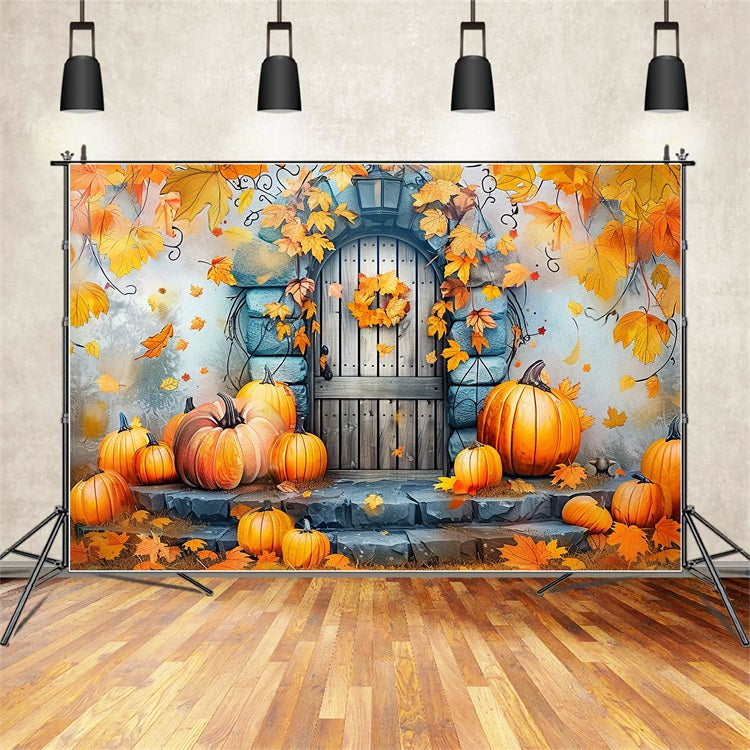 Toile de Fond Décor de Porte en Pierre Citrouilles Feuilles BRP9-177