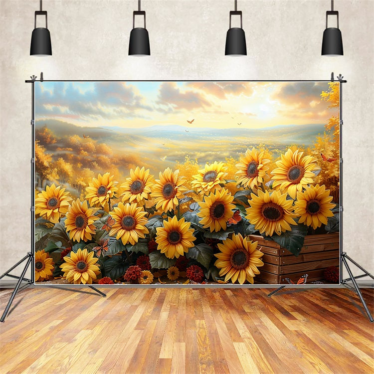 Toile de Fond Champ de Tournesols Dorés Lumière de Coucher d'Automne BRP9-181