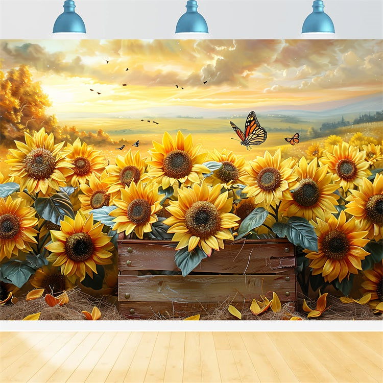 Toile de Fond Jardin de Tournesols Lumière d'Automne Papillons BRP9-182