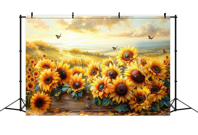 Toile de Fond Tournesols d'Automne Papillons Ciel de Coucher BRP9-183