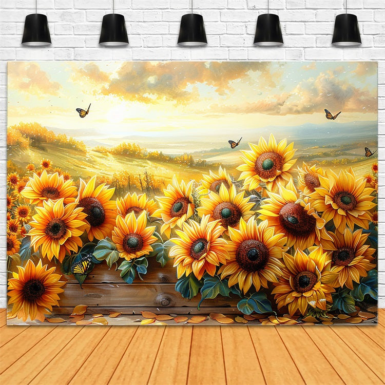 Toile de Fond Tournesols d'Automne Papillons Ciel de Coucher BRP9-183