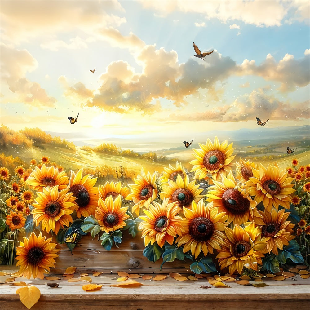 Toile de Fond Tournesols d'Automne Papillons Ciel de Coucher BRP9-183