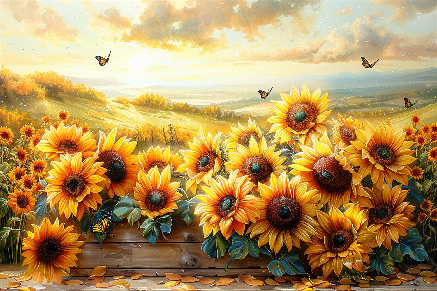 Toile de Fond Tournesols d'Automne Papillons Ciel de Coucher BRP9-183