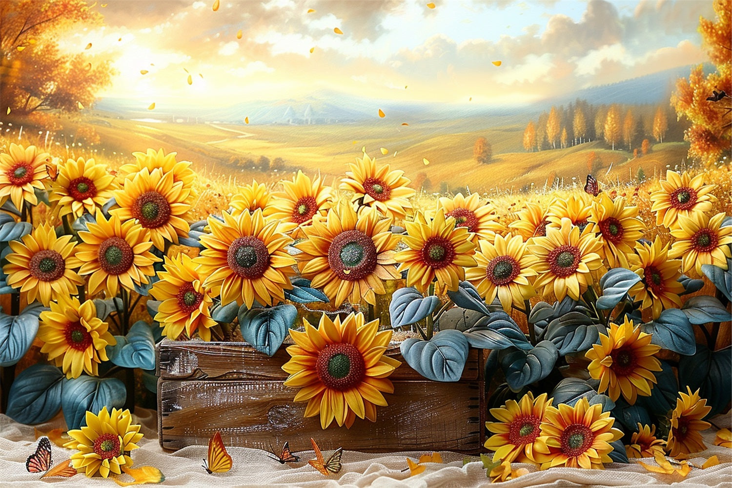 Toile de Fond Tournesols d'Automne Pétales Tombants Lumière BRP9-184