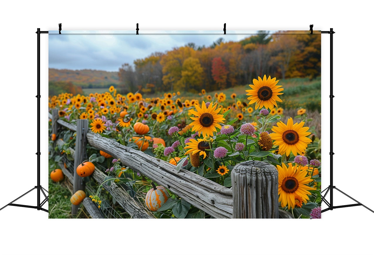 Toile de Fond Tournesols d'Automne Citrouilles Clôture en Bois Rustique BRP9-185