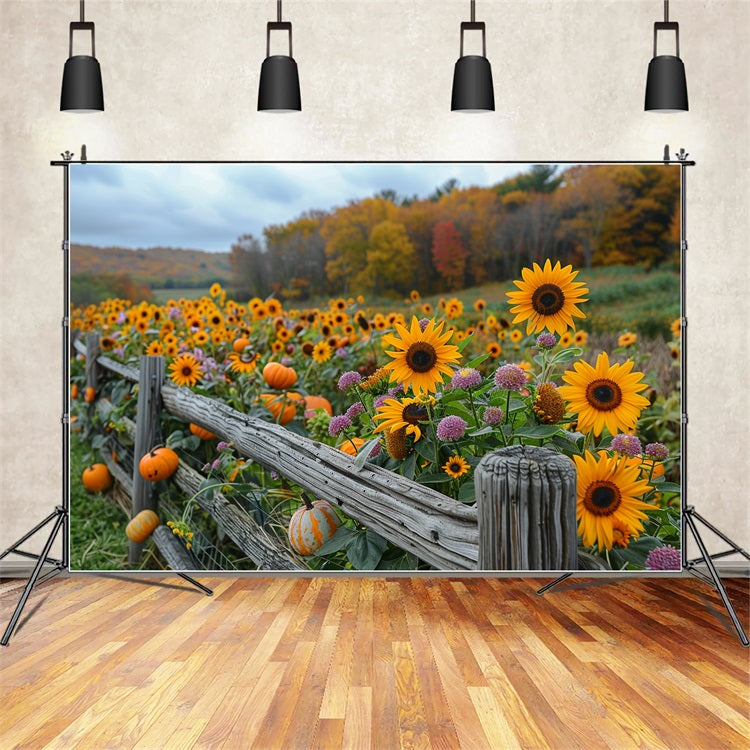 Toile de Fond Tournesols d'Automne Citrouilles Clôture en Bois Rustique BRP9-185